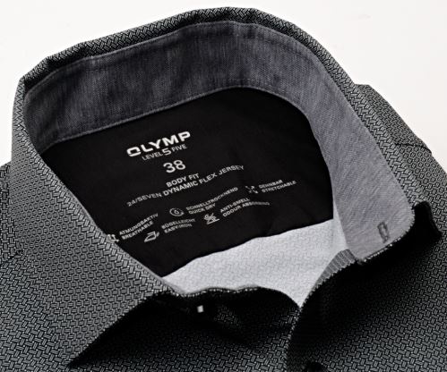 Olymp Level Five 24/Seven – luxusná elastická antracitová košeľa s preplietaným vzorom a vnútorným golierom