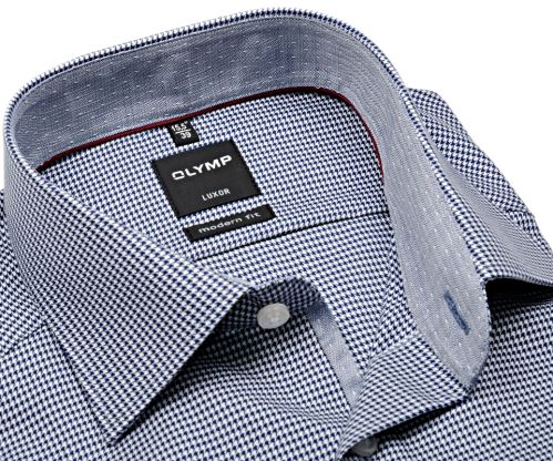 Olymp Modern Fit – košile s tmavomodro-bílým vetkaným vzorem a vnitřním límcem - prodloužený rukáv