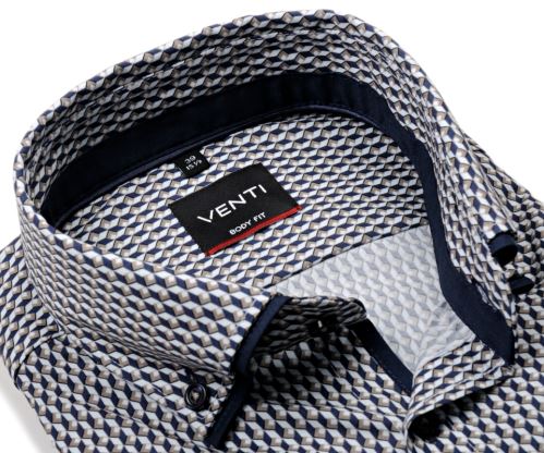 Venti Body Fit – košeľa s modro-béžovým 3D vzorom a dvojitým golierom