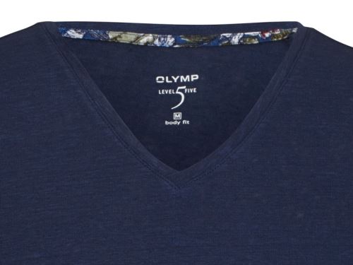 Tmavě modré lněné tričko Olymp Level Five s krátkým rukávem - V-výstřih
