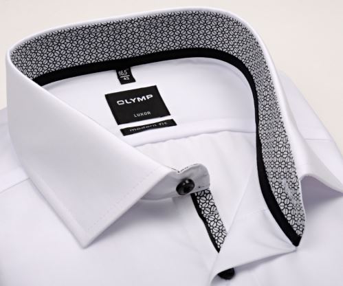 Olymp Luxor Modern Fit – biela košeľa s čierno-bielym vnútorným golierom a manžetou - predĺžený rukáv