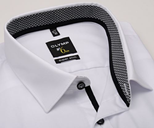 Olymp Super Slim – biela košeľa so sivo-čiernym vnútorným golierom a manžetou - predĺžený rukáv