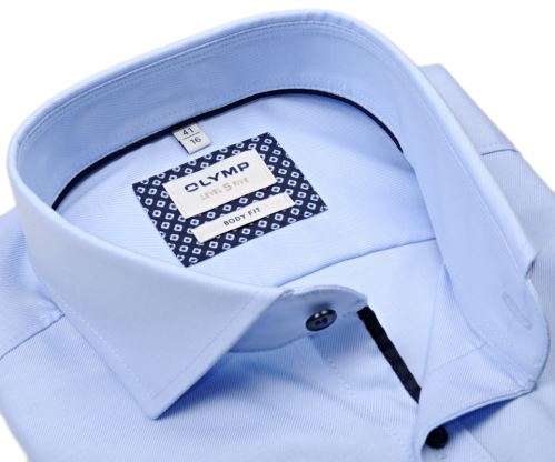 Olymp Level Five – luxusní světle modrá košile s diagonální strukturou a vnitřní légou - prodloužený rukáv