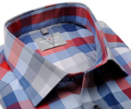 Marvelis Comfort Fit – košile s červeno-modro-šedým kárem - krátký rukáv