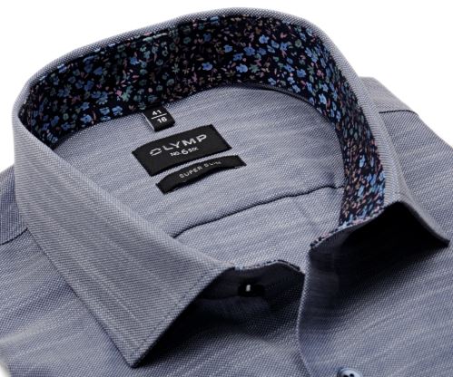 Olymp Super Slim – tmavomodrá košile se strukturou a květinovým vnitřním límcem a manžetou