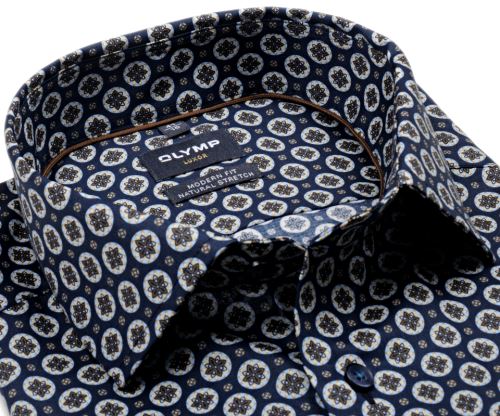 Olymp Modern Fit – tmovomodrá košeľa s hnedo-béžovým krúžkovým vzorom Olymp Modern Fit – tmovomodrá košeľa s hnedo-béžovým krúžkovým vzorom