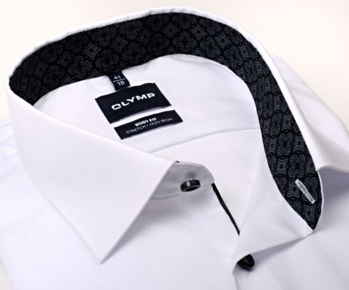 Olymp Level Five – bílá košile s černým vnitřním límcem a manžetou s ornamenty Olymp Level Five – bílá košile s černým vnitřním límcem a manžetou s ornamenty