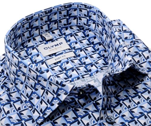 Olymp Level Five - luxusná dizajnová košeľa s modro-bielym mozaikovým vzorom - predĺžený rukáv