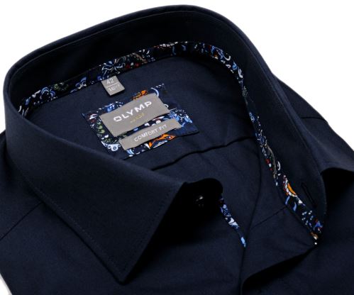 Olymp Luxor Comfort Fit – tmavomodrá košeľa s kvetinovým vnútorným golierom a manžetou