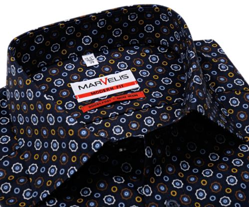 Marvelis Modern Fit - tmavomodrá košeľa s farebnými ornamentmi - predĺžený rukáv