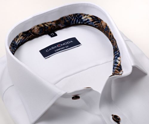 Casa Moda Comfort Fit Premium – bílá košile se strukturou a modro-hnědým vnitřním límcem a manžetou