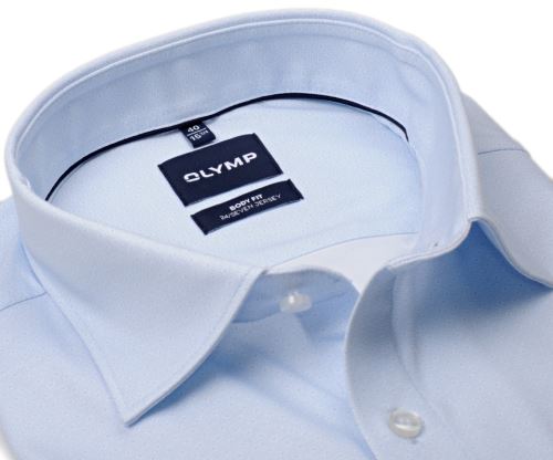Olymp Level Five 24/Seven – luxusní elastická světle modrá košile s drobným obdélníčkovým vzorem