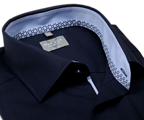 Marvelis Comfort Fit – tmavomodrá košile s kostičkovaným vnitřním límcem a světle modrou manžetou Marvelis Comfort Fit – tmavomodrá košile s kostičkovaným vnitřním límcem a světle modrou manžetou