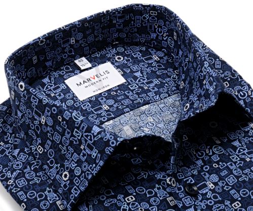 Marvelis Modern Fit – dizajnová tmavomodrá košeľa s modro-bielymi symbolmi