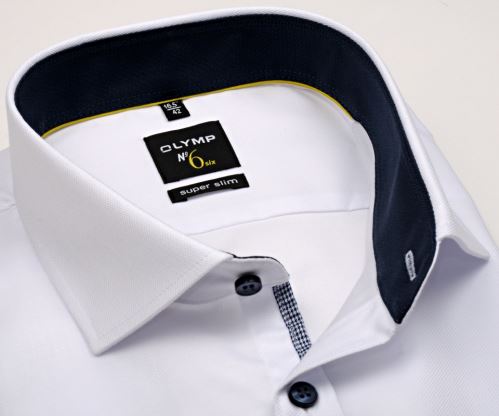 Olymp Super Slim – bílá košile s jemnou strukturou, modrým vnitřním límcem a manžetou