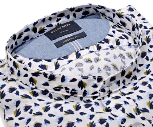 Olymp Casual Modern Fit – ľanová košeľa s farebným vzorom a stojáčikom - krátky rukáv