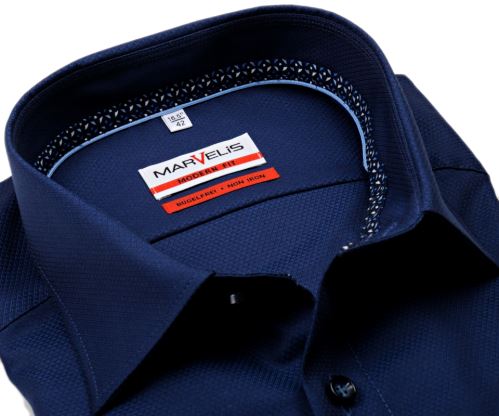 Marvelis Modern Fit – tmavomodrá košeľa s votkaným vzorom a vnútorným golierom - predĺžený rukáv