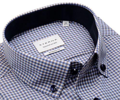 Eterna Modern Fit – košeľa so svetlým modro-béřovým károm s vnútorným golierom - krátky rukáv