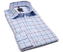 Olymp Modern Fit Twill – luxusná svetlomodrá košeľa s červeno-modrým károm (1)