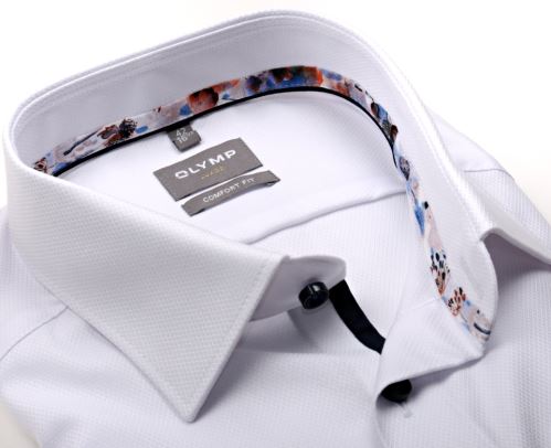 Olymp Comfort Fit – biela košeľa s votkaným vzorom a farebným vnútorným golierom - predĺžený rukáv
