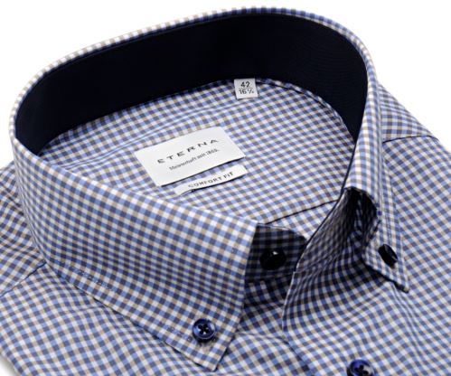 Eterna Comfort Fit – košeľa so svetlým modro-béžovým károm s vnútorným golierom - krátky rukáv