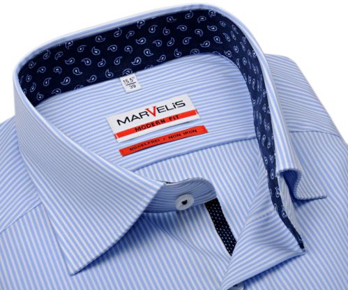 Marvelis Modern Fit – košeľa so svetlomodrým prúžkom a modrým vnútorným golierom a manžetou