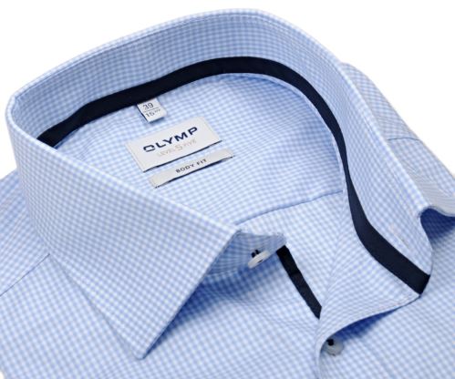 Olymp Level Five Twill – luxusní světle modrá károvaná košile s vnitřním límcem a légou